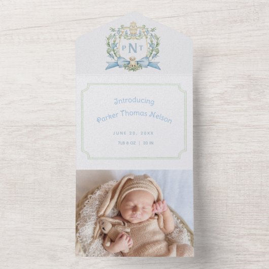 かわいい子犬のブルークレストモノグラム誕生のお知らせ オールインワン招待状 (内側)