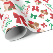かわいい子犬のホリデーレッド&グリーンボウメリークリスマス ラッピングペーパー (ロールコーナー)