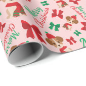 かわいい子犬のリボン陽気なクリスマスピンクのシームレス ラッピングペーパー (ロールコーナー)