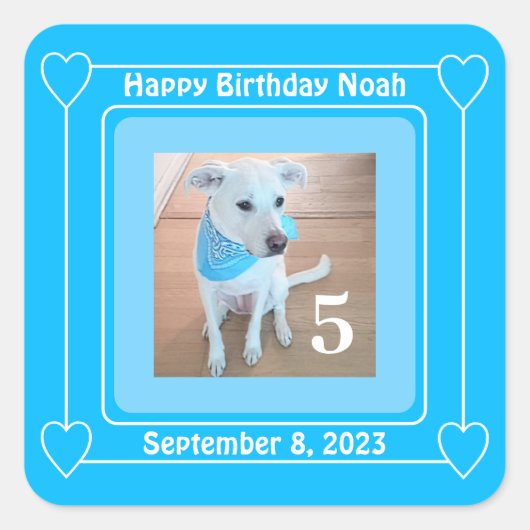 かわいい子犬の写真ハッピーバースデー番号5青 スクエアシール (正面)