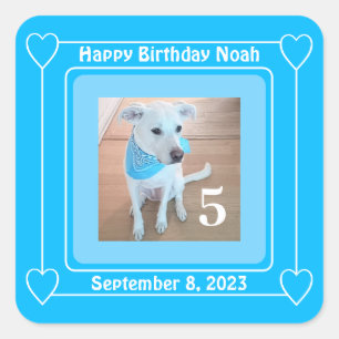 かわいい子犬の写真ハッピーバースデー番号5青 スクエアシール