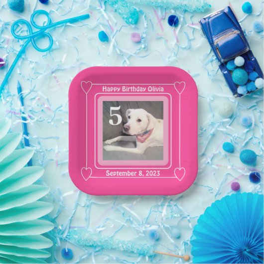 かわいい子犬の写真誕生日番号5ピンクスクウェア ペーパープレート (パーティー)