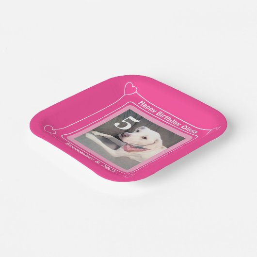 かわいい子犬の写真誕生日番号5ピンクスクウェア ペーパープレート (傾斜あり)