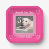 かわいい子犬の写真誕生日番号5ピンクスクウェア ペーパープレート (正面)