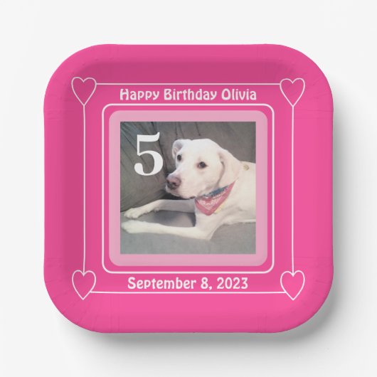 かわいい子犬の写真誕生日番号5ピンクスクウェア ペーパープレート (正面)