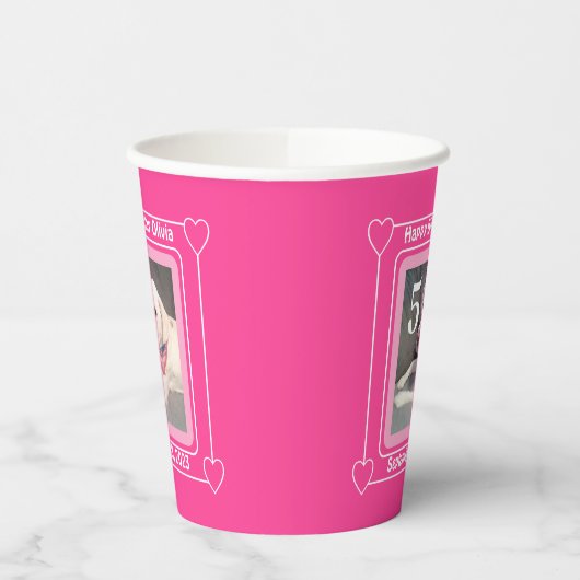 かわいい子犬の写真誕生日番号5ピンク 紙コップ (左)