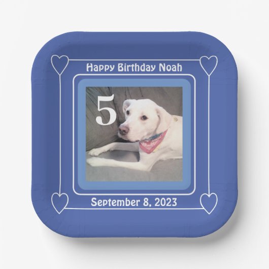 かわいい子犬の写真誕生日番号5ブルースクエア ペーパープレート (正面)