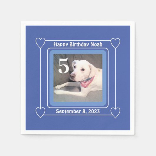 かわいい子犬の写真誕生日番号5青 スタンダードカクテルナプキン (正面)