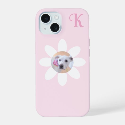 かわいい子犬の写真 ピンクの花 イニシャル入り 女の子用 iPhone 15ケース (裏面)