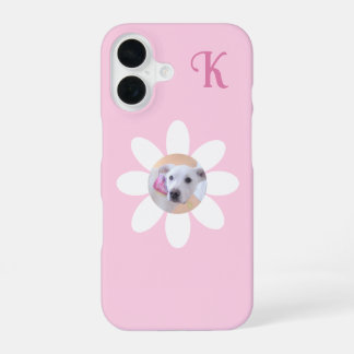 かわいい子犬の写真 ピンクの花 女子のイニシャル iPhone 16ケース