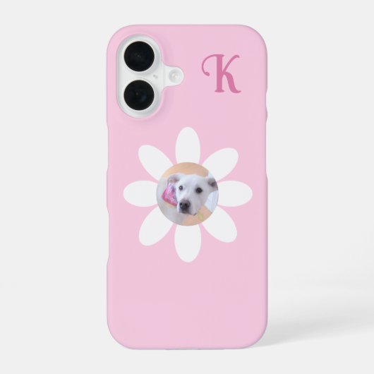 かわいい子犬の写真 ピンクの花 女子のイニシャル iPhone 16ケース (裏面)