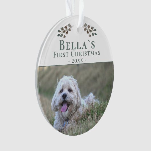 かわいい子犬の初めてのクリスマス犬のペットの写真 オーナメント (正面)