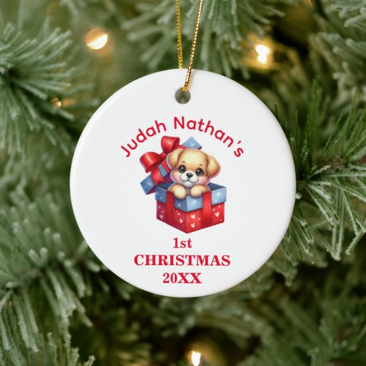 かわいい子犬の初めてのクリスマス 名入れ可能デザイン セラミックオーナメント (ツリー)