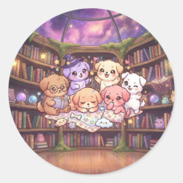 かわいい子犬の図書館ステッカー ラウンドシール