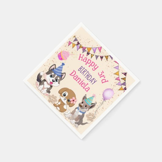 かわいい子犬の子犬の誕生日パーティー スタンダードカクテルナプキン (角)