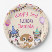 かわいい子犬の子犬の誕生日パーティー ペーパープレート (正面)