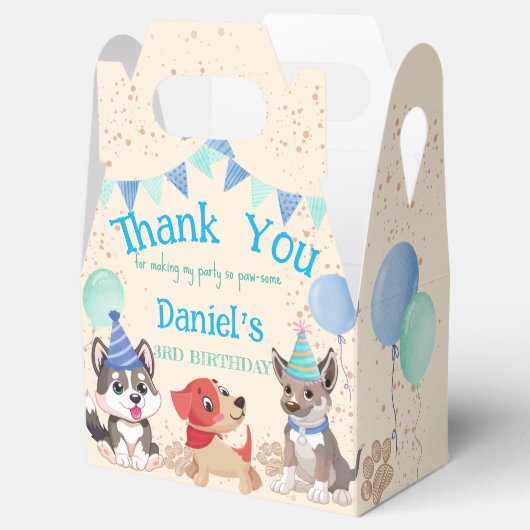 かわいい子犬の少年の子犬のパーティー パーソナライズされた フェイバーボックス (オープン)