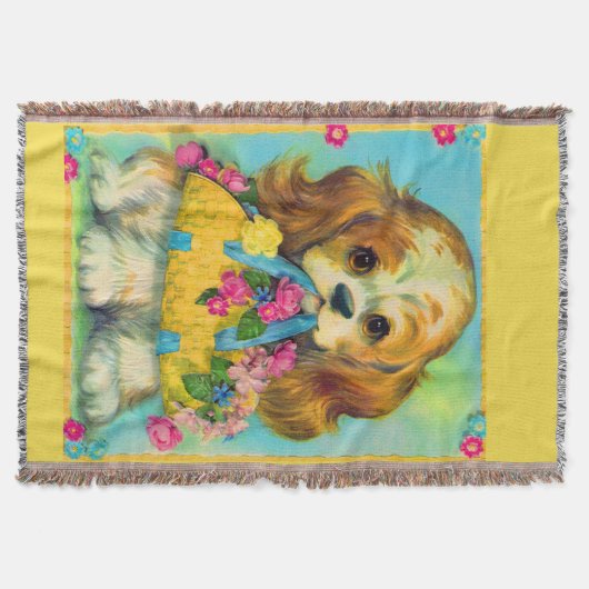 かわいい子犬の持ち花籠 スローブランケット (正面)