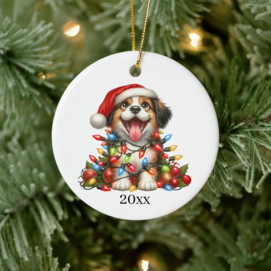 かわいい子犬の日付とメッセージのクリスマスを追加 セラミックオーナメント (ツリー)