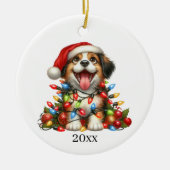 かわいい子犬の日付とメッセージのクリスマスを追加 セラミックオーナメント (正面)