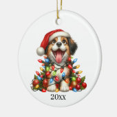 かわいい子犬の日付とメッセージのクリスマスを追加 セラミックオーナメント (左)