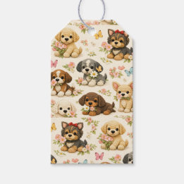 かわいい子犬の柄の花と蝶々 ギフトタグ