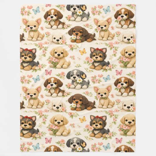 かわいい子犬の柄の花と蝶々 フリースブランケット (正面)