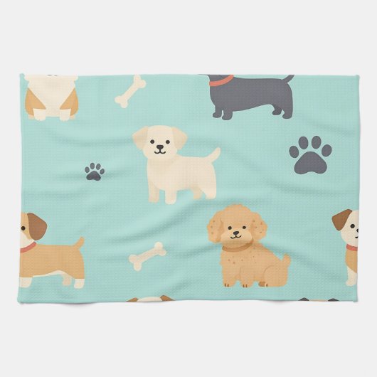 かわいい子犬の柄 キッチンタオル (横)