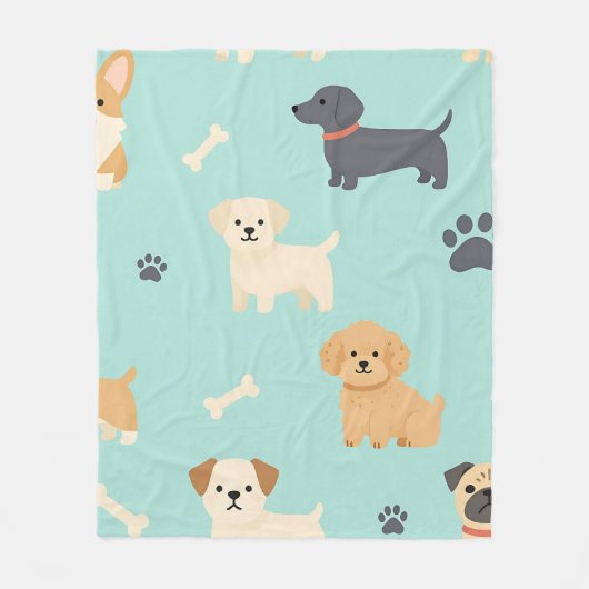 かわいい子犬の柄 フリースブランケット (正面)