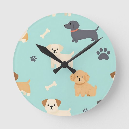 かわいい子犬の柄 ラウンド壁時計 (正面)