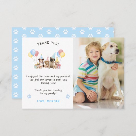 かわいい子犬の水彩青写真 サンキューカード (正面/裏面)