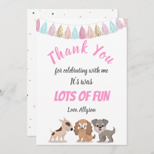 かわいい子犬の漫画の犬のテーマの誕生日パーティー サンキューカード (正面/裏面)