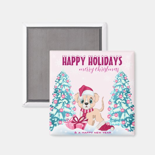 かわいい子犬の漫画ピンクのクリスマスの休日 マグネット (正面/裏面)