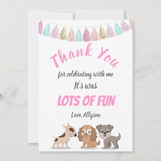 かわいい子犬の漫画犬をテーマにした子供の誕生日パーティー サンキューカード (正面)