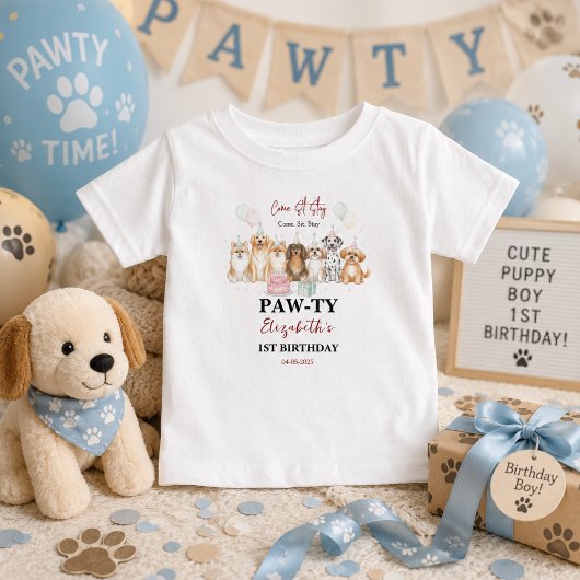 かわいい子犬の男の子1歳の誕生日 | パーティータイムファースト ベビーTシャツ