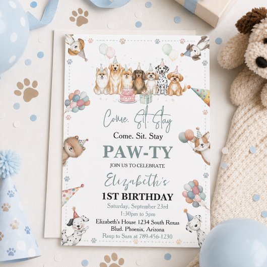 かわいい子犬の男の子1歳の誕生日 | パーティータイムファースト 招待状