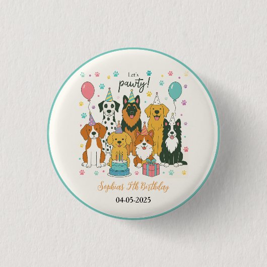かわいい子犬の男の子5歳の誕生日パーティー 缶バッジ (正面)