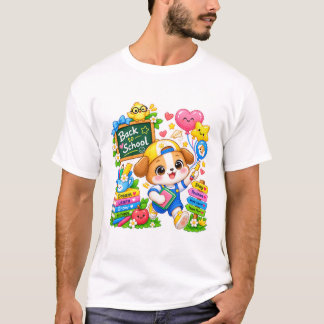 かわいい子犬の白いTシャツで学校生活をスタート Tシャツ