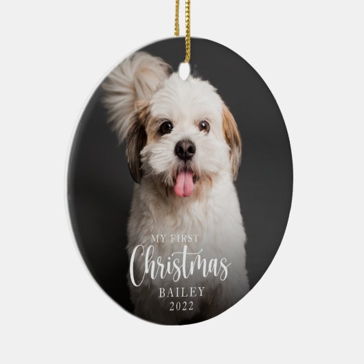 かわいい子犬の私の初めてのクリスマス写真 セラミックオーナメント (右)
