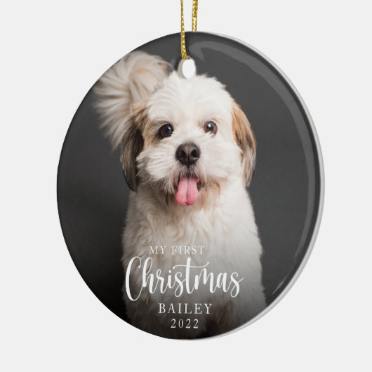 かわいい子犬の私の初めてのクリスマス写真 セラミックオーナメント (左)