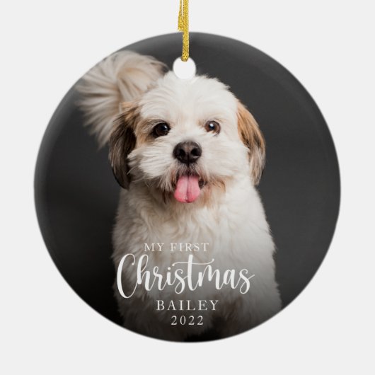 かわいい子犬の私の初めてのクリスマス写真 セラミックオーナメント (裏面)