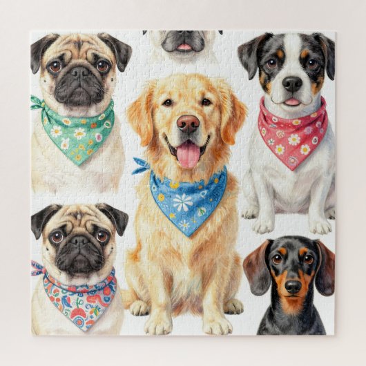 かわいい子犬の肖像画バンダナコラージュ水彩画 ジグソーパズル (縦)