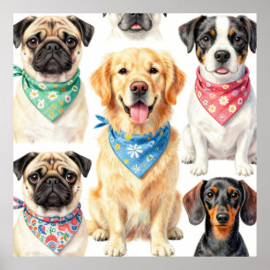 かわいい子犬の肖像画バンダナコラージュ水彩画 ポスター
