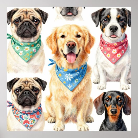 かわいい子犬の肖像画バンダナコラージュ水彩画 ポスター (正面)
