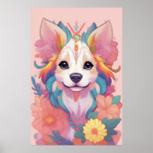 かわいい子犬の色とりどりの花 ポスター (正面)