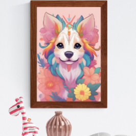 かわいい子犬の色とりどりの花 ポスター