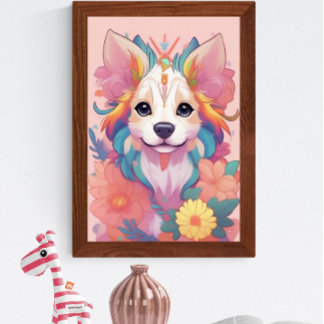 かわいい子犬の色とりどりの花 ポスター