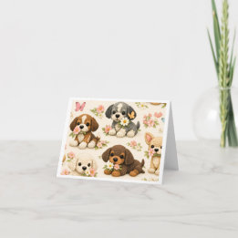 かわいい子犬の花と蝶々 - ふんわりとした犬のイラスト カード