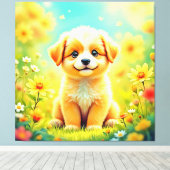 かわいい子犬の花アート キャンバスプリント (インサイチュ (ウッドフロア))