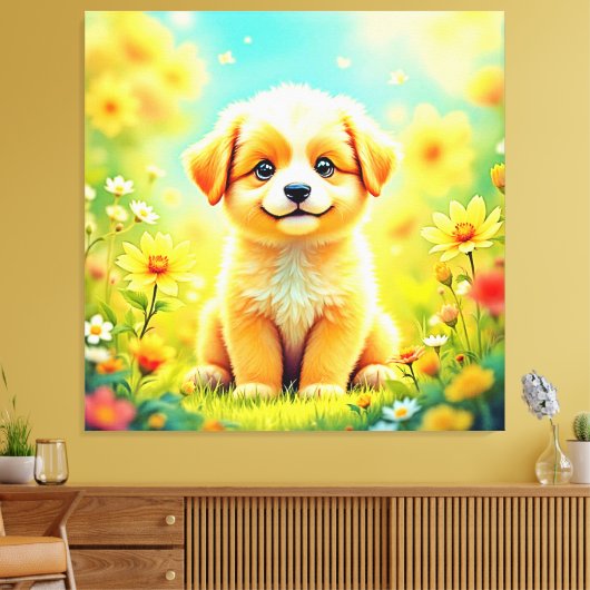 かわいい子犬の花アート キャンバスプリント (インサイチュ (リビング))